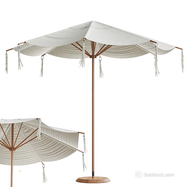 Outdoor White Patio Canopy With Wooden Pole Tassel Decorations And Waterproof Fabric For Garden Use 3d model 