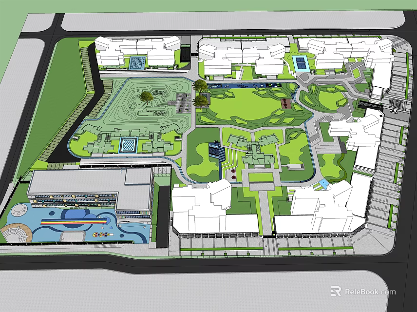 Residential Landscape Design Featuring Green Lawns Water Features and Interconnected Pathways 3d model