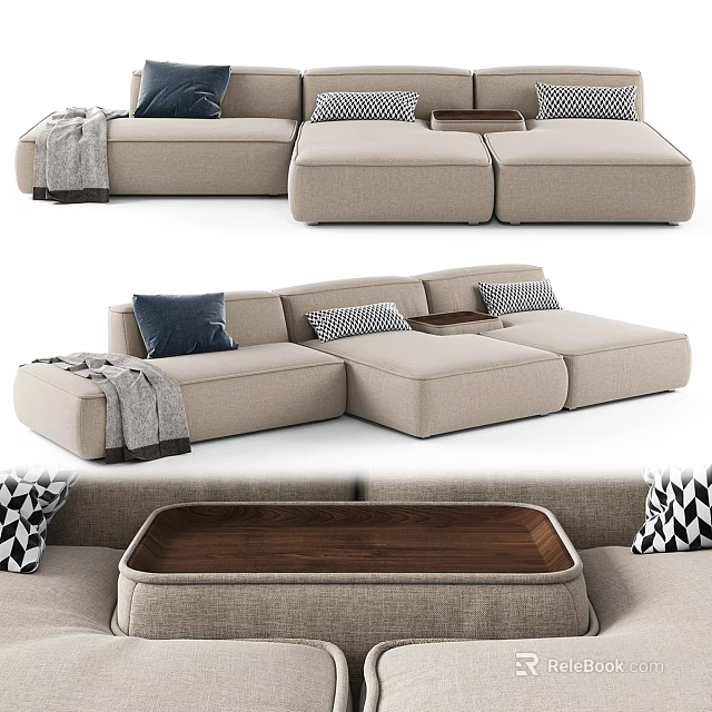 Modern Beige Modular Sectional Sofa With Linen Upholstery Throw Pillows And Wooden Table 3d model 