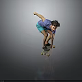 Child in Blue Shirt and Green Shorts Performing Skateboard Trick Against Gray Background