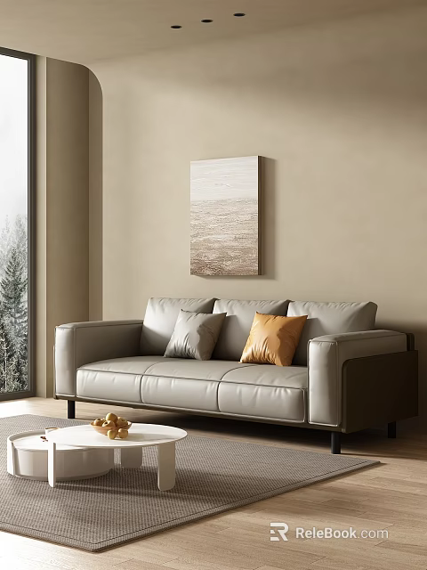 Modern Warm Minimalist Living Room With Premium Leather Sofa And Decorative Textured Wall Art 3d model 