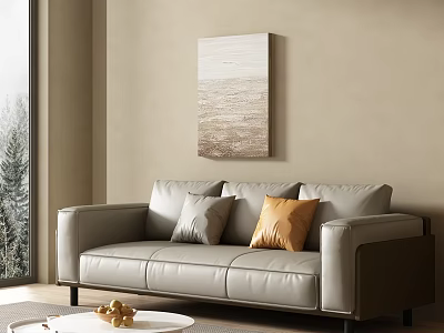 Modern Warm Minimalist Living Room With Premium Leather Sofa And Decorative Textured Wall Art 3d model