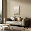 Modern Warm Minimalist Living Room With Premium Leather Sofa And Decorative Textured Wall Art