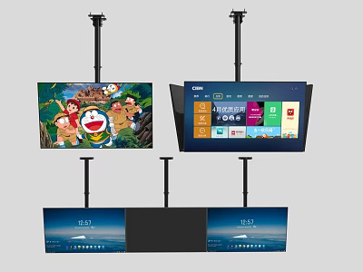 Multiple Ceiling Mounted TVs Displaying Cartoon Content App Interface And Scenic Views 3d model