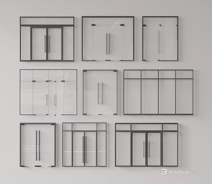 Various Double Doors Designs With Modern Frame Styles And Glass Panel Options 3d model