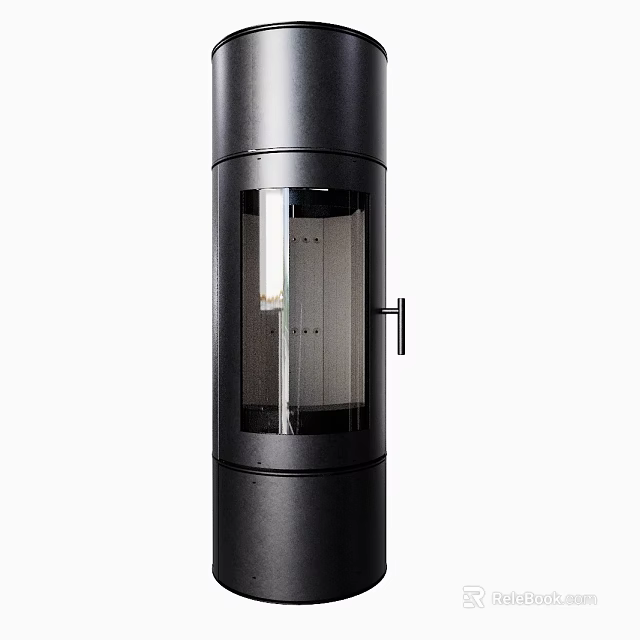 Modern Cylindrical Fireplace Design With Glass Door And Black Exterior 3d model 
