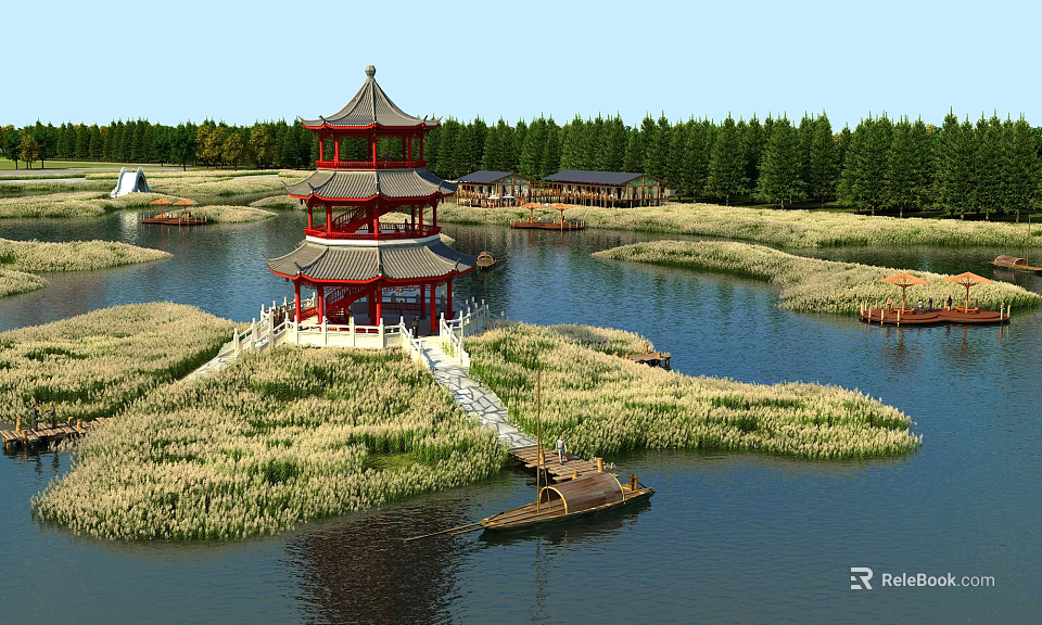 Scenic Water Landscape With Red Multi Layered Pagoda Reed Clusters And Small Boat 3d model 