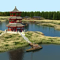 Scenic Water Landscape With Red Multi Layered Pagoda Reed Clusters And Small Boat