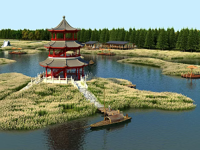 Scenic Water Landscape With Red Multi Layered Pagoda Reed Clusters And Small Boat 3d model