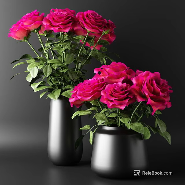 Two Black Vases With Fresh Pink Roses And Lush Green Leaves 3d model 