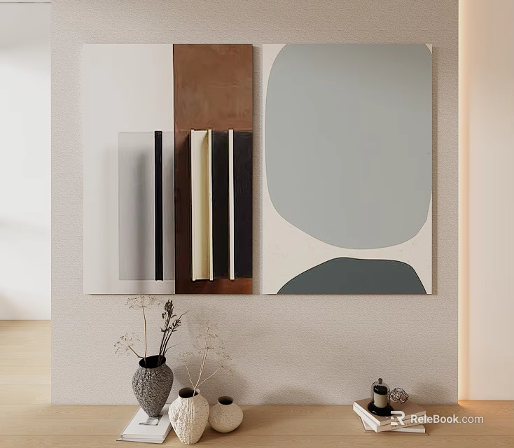 Abstract Painting As Wall Decor With White Brown Gray Shapes Geometric Forms And Vases Below 3d model 