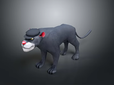 3D Black Panther Character Wearing Black Hat With Red Nose And Fierce Expression 3d model