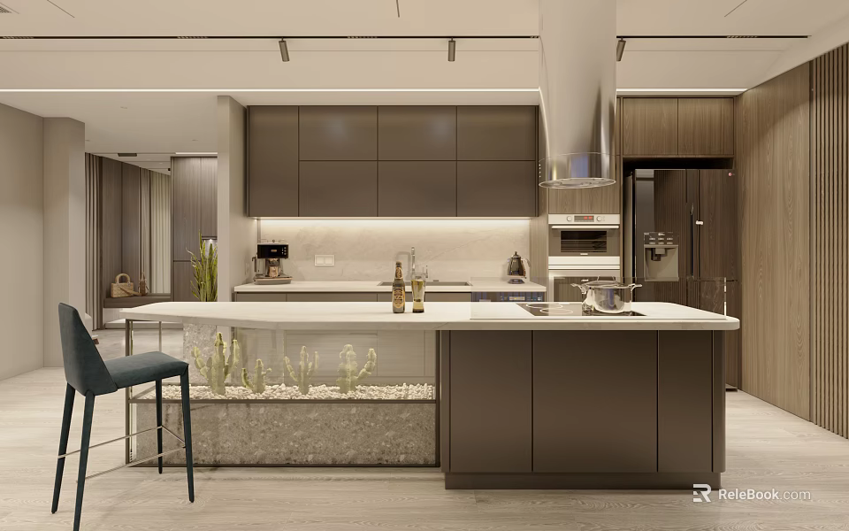 Modern Open Kitchen Interior Design With Island Counter Cabinets And Appliances 3d model 