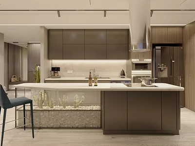 Modern Open Kitchen Interior Design With Island Counter Cabinets And Appliances 3d model