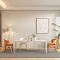 Modern Restaurant Interior With White Dining Table Orange Chairs Abstract Painting Floor Lamp And Plant