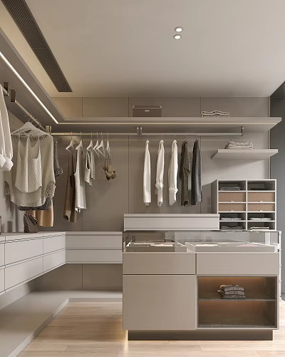 Modern Walk In Closet Design With Hanging Clothes And Drawers 3d model