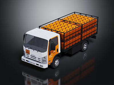 White And Orange Truck Carrying Stacked Orange Barrels In Open Bed 3d model