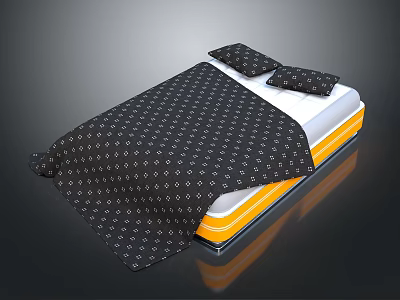 People Using Comfortable Bed With Black Diamond Pattern Sheets Yellow White Mattress And Black Pillows 3d model