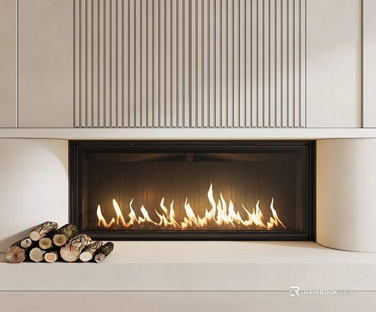 Modern Fireplace With Vertical Slat Design And Burning Flames Near Stacked Firewood 3d model 