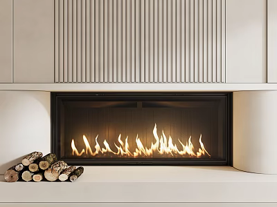 Modern Fireplace With Vertical Slat Design And Burning Flames Near Stacked Firewood 3d model