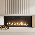 Modern Fireplace With Vertical Slat Design And Burning Flames Near Stacked Firewood
