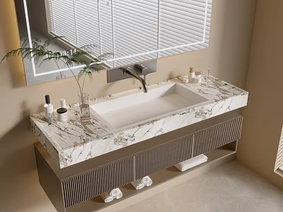 Modern Bathroom Vanity With Marble Countertop White Sink Toiletries And Green Plant 3d model