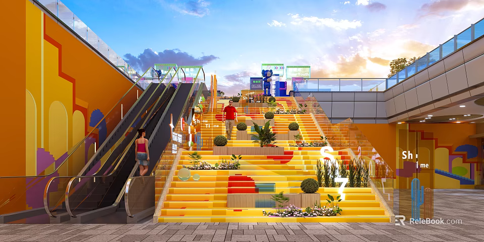 Vibrant Stairs In Bright Public Space With Colorful Steps Plants People And Escalator 3d model 