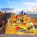 Vibrant Stairs In Bright Public Space With Colorful Steps Plants People And Escalator