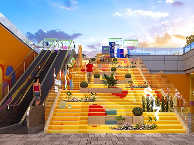 Vibrant Stairs In Bright Public Space With Colorful Steps Plants People And Escalator 3d model