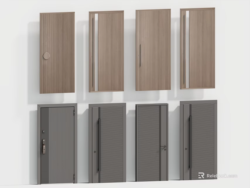 Modern Hinged Doors With Various Wooden And Gray Panel Designs For Home Interior 3d model 