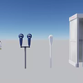 Outdoor Public Facilities With Blue Beige Parking Meters And Telephone Booth