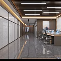Modern Public Office Space With Workstations Computers Bookshelves And Ceiling Lights 3d model