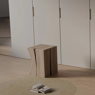 Minimalist Wooden Bedside Table Design With White Cabinets And Light Wood Floor 3d model
