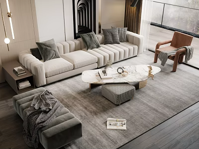 Modern Living Room Sofa And Coffee Table Set With Beige Fabric And Marble Top 3d model