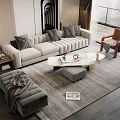 Modern Living Room Sofa And Coffee Table Set With Beige Fabric And Marble Top