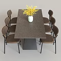 Rectangular Dining Table Set with Gray Top Black Legs Brown Chairs White Vase Yellow Flowers 3d model