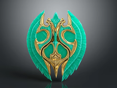 Ornate Green And Gold Decorative Emblem With Intricate Symmetric Feather Design 3d model