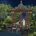 Serene Chinese Style Pavilion With Starry Sky Trees Waterfall And Traditional Clothed Person