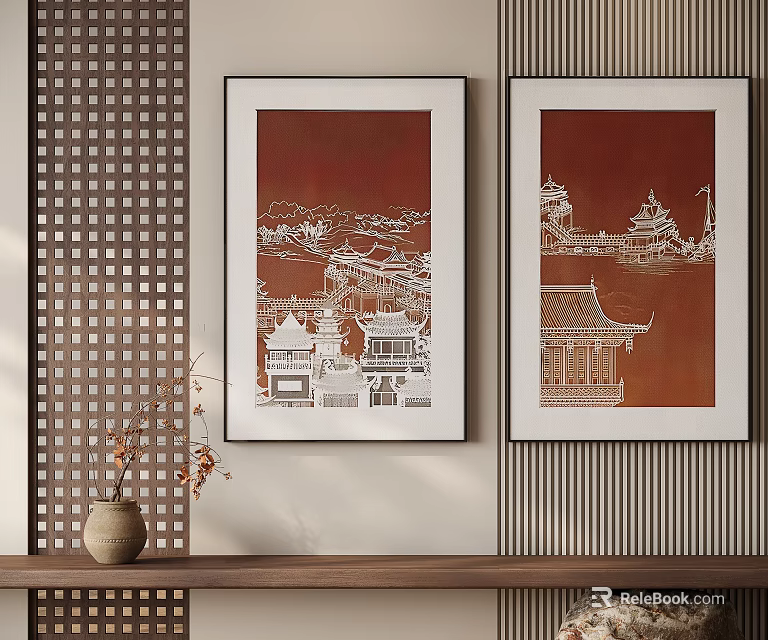 Abstract Painting With Red Background White Ancient Architecture Pattern For Interior Wall Decor 3d model