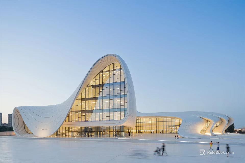 Elegant Modern Curved White Architecture With Glass Facade And Evening Glow 3d model 