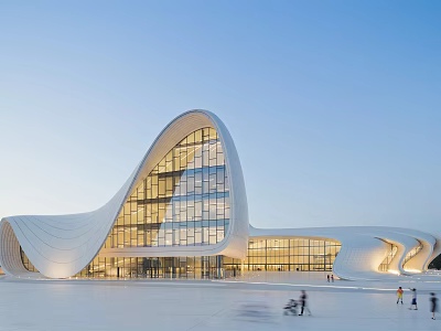 Elegant Modern Curved White Architecture With Glass Facade And Evening Glow 3d model