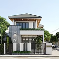 Modern Detached House With Black Roof White Walls Windows White Fence And Green Trees