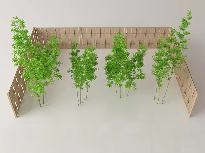 Bamboo Plants Arranged Along Wooden Fence with Lush Green Foliage 3d model