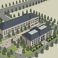 Modern Fire Station Exterior With Red Fire Engines And Green Lawn