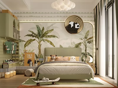 Kids Bed in Tropical Children's Room with Plant Wallpaper Stuffed Toys Circular Clock and Skateboard 3d model
