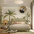 Kids Bed in Tropical Children's Room with Plant Wallpaper Stuffed Toys Circular Clock and Skateboard
