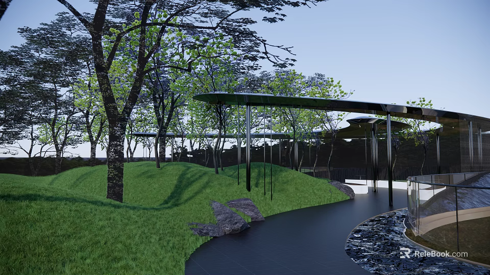 Outdoor Pergola Design with Green Lawn Trees and Curved Pathway and Serene Water Feature 3d model 