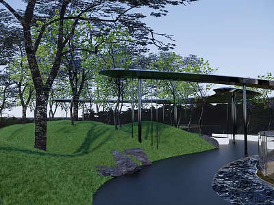 Outdoor Pergola Design with Green Lawn Trees and Curved Pathway and Serene Water Feature 3d model