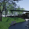 Outdoor Pergola Design with Green Lawn Trees and Curved Pathway and Serene Water Feature