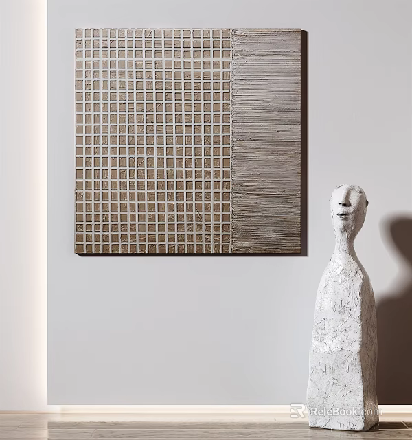 Interior Wall Decor With Grid Pattern Painting And White Sculpture 3d model